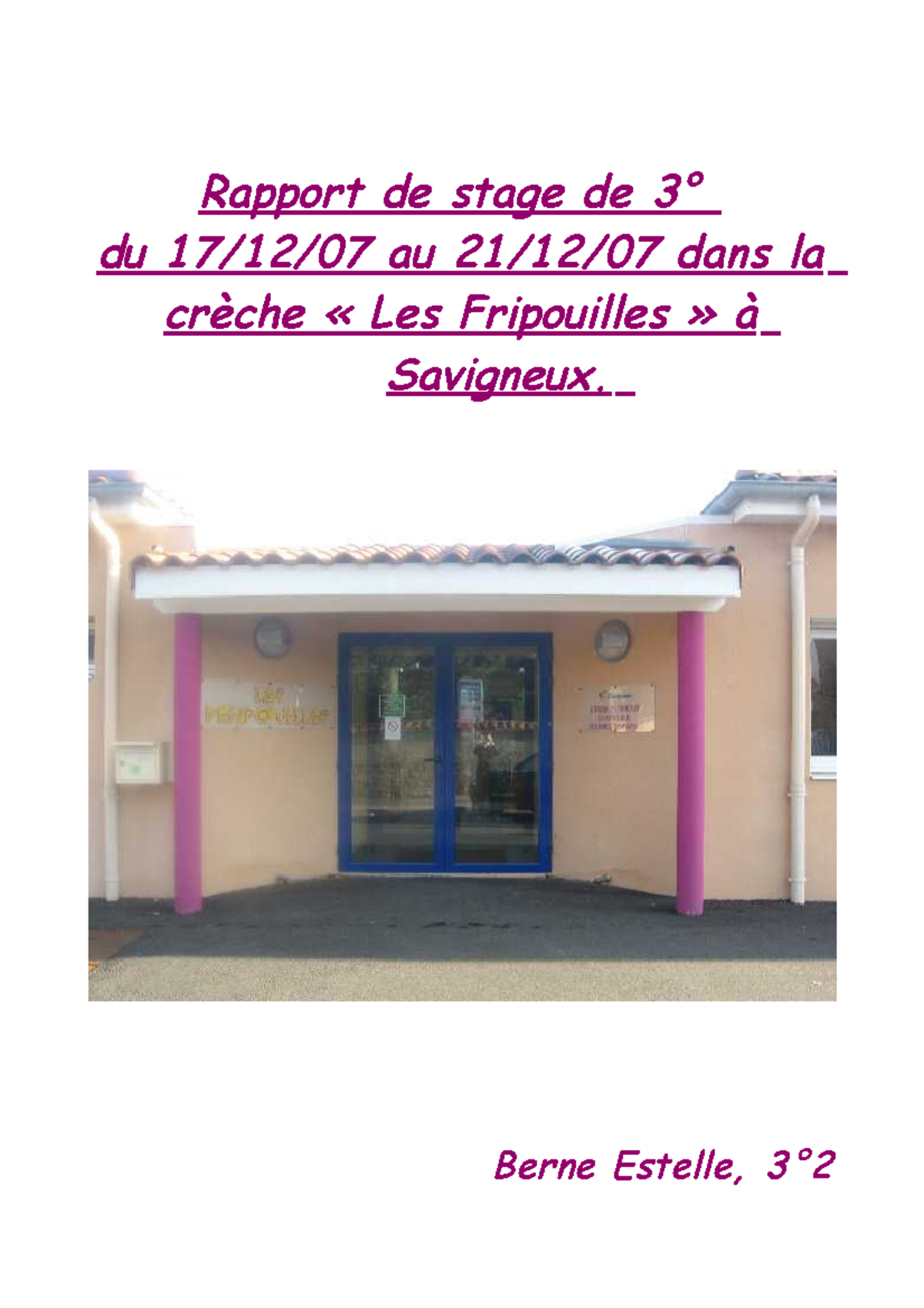 Exemple de stage creche - Rapport de stage de 3° du 17/12/07 au 21/12