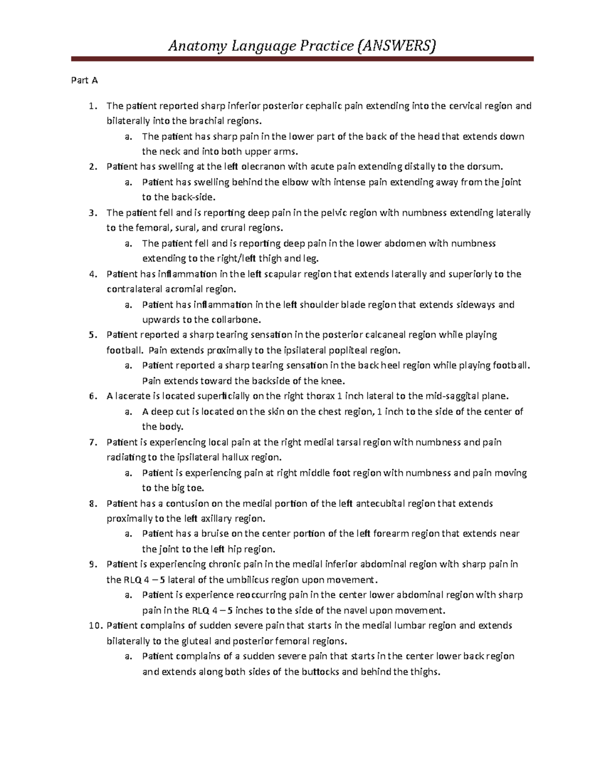 Anatomy language practice answers - CURRIC/​STS 734 - UW-Madison - Studocu