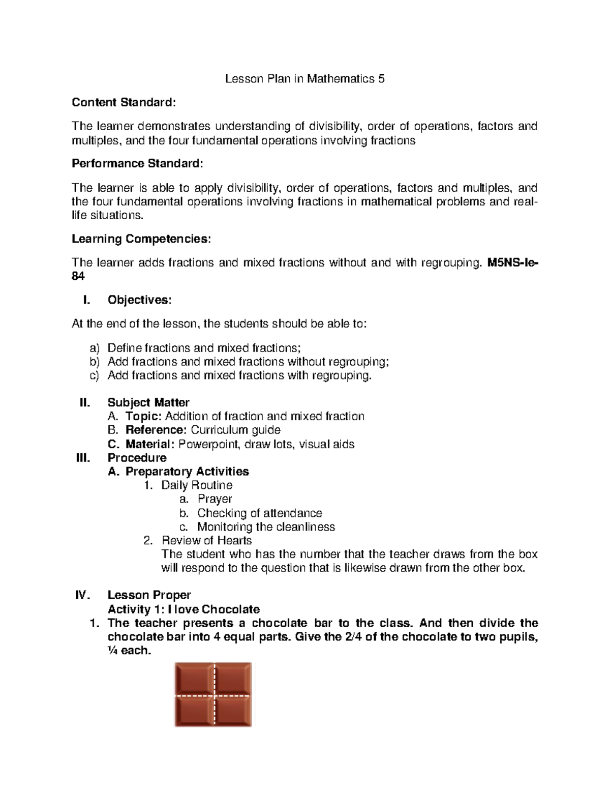 Lesson Plan in Mathematics 5 - Learning Competencies: The learner adds ...