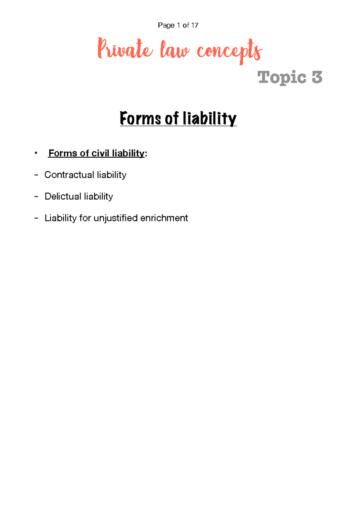Private law concepts - Private law concepts Topic 3 Forms of liability ...