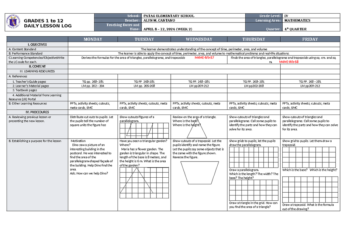 DLL Mathematics 4 Q4 W2 - DLL - GRADES 1 to 12 DAILY LESSON LOG School ...