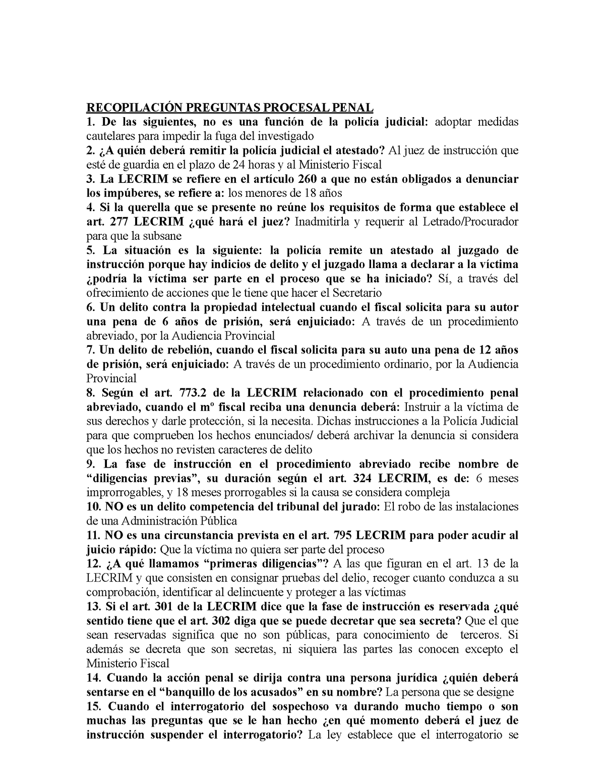 Recopilaci N Preguntas Procesal Penal Recopilaci N Preguntas Procesal Penal De Las Siguientes