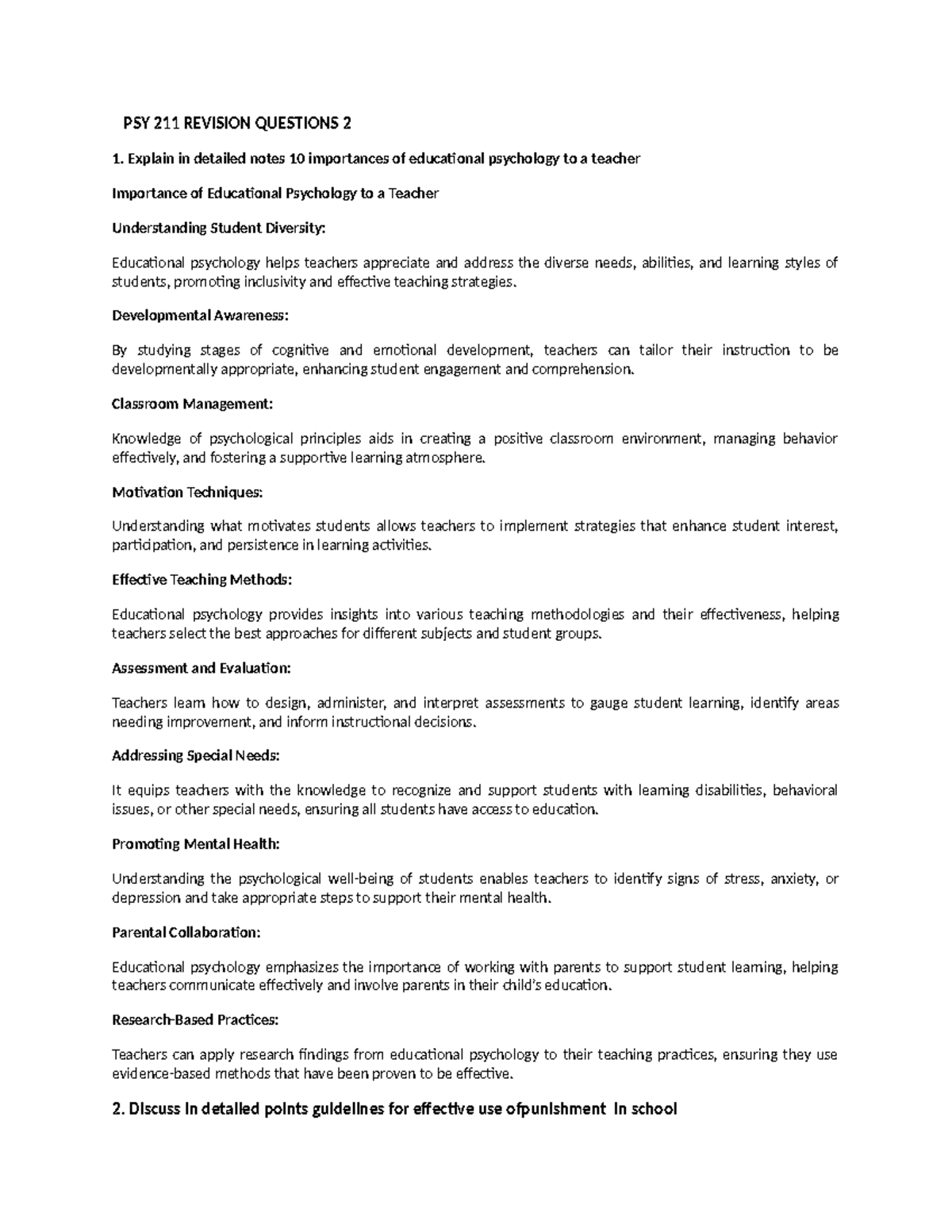 PSY 211 Rvqs2 - Revision questions - PSY 211 REVISION QUESTIONS 2 ...