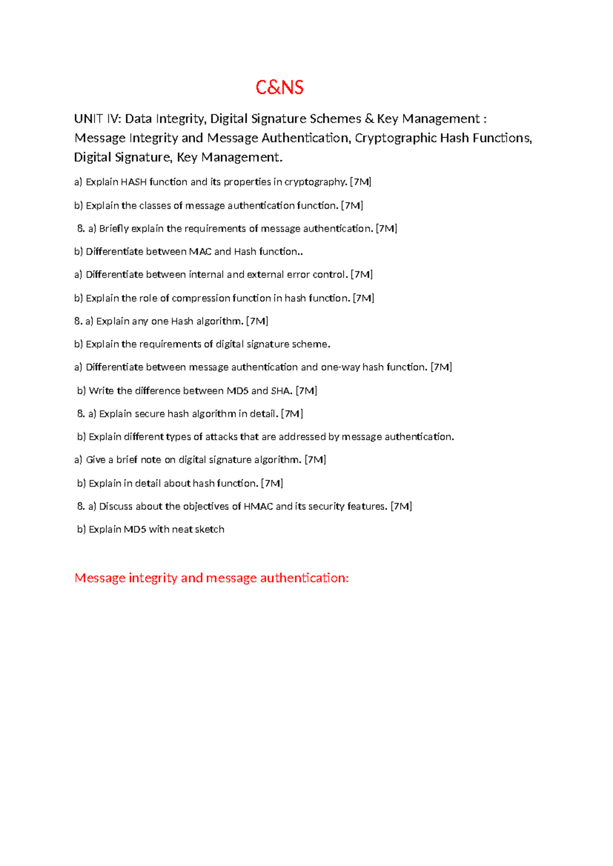 C& ns unit 4 - C&NS UNIT IV: Data Integrity, Digital Signature Schemes ...