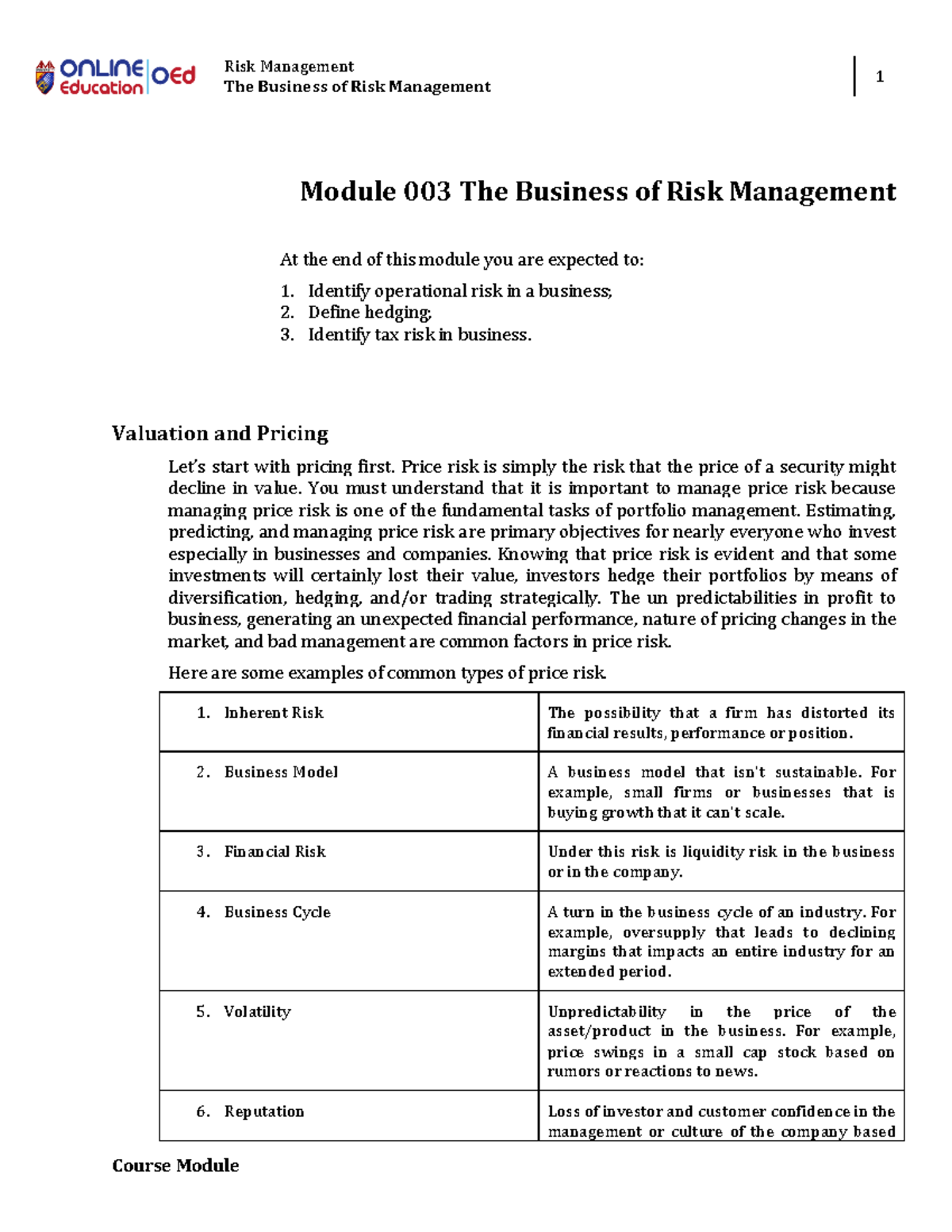 Module 003 The Business of Risk Management - Risk Management The ...