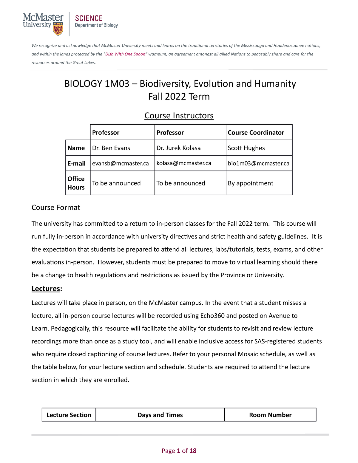 BIO 1M03F2022 Course Outline Updated Sept 12 2022 We recognize and