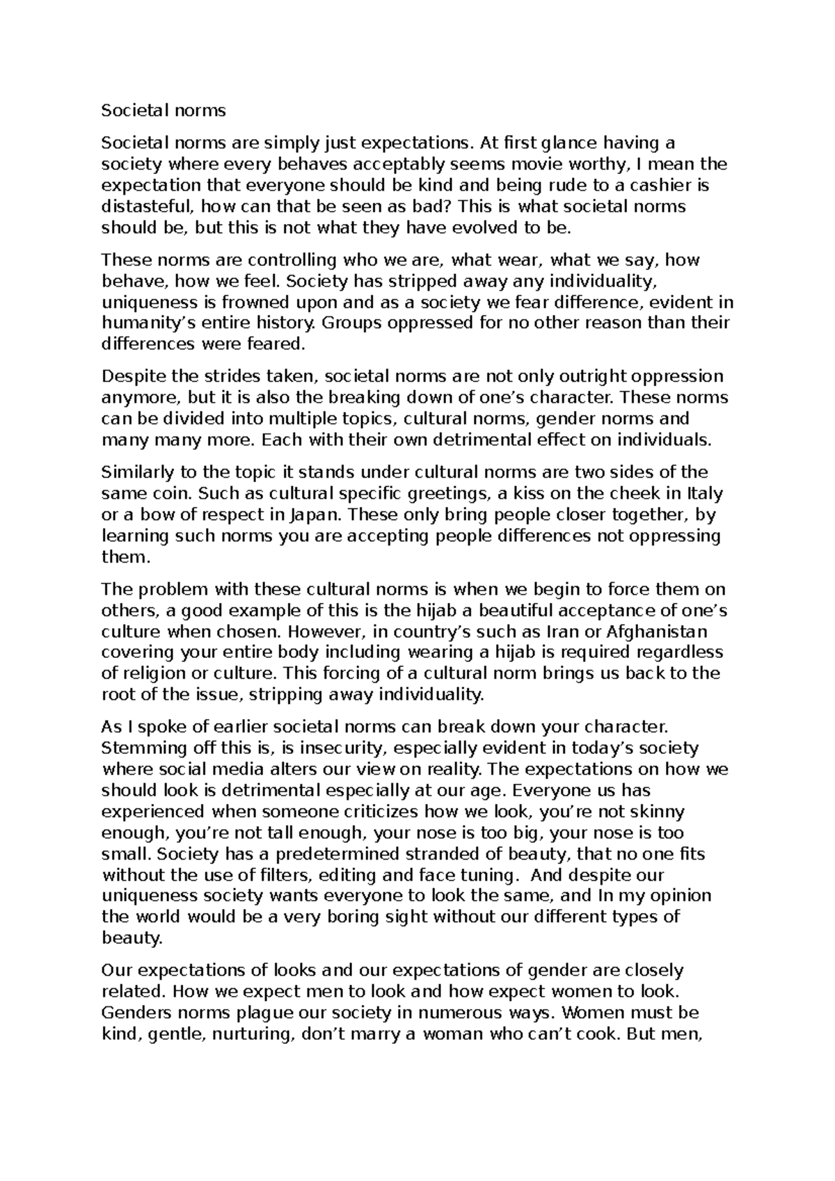 Societal norms - Uhh its just come stuff i wrote - Societal norms ...