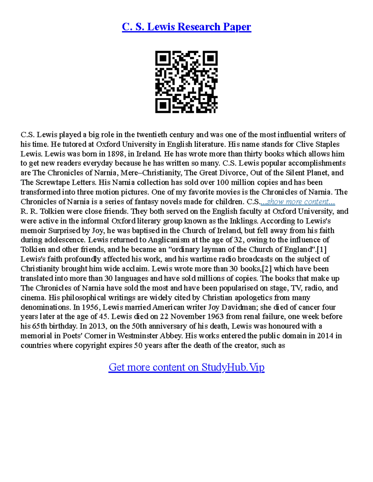 Buy Essay Papers Online - C. S. Lewis Research Paper C. Lewis played a ...