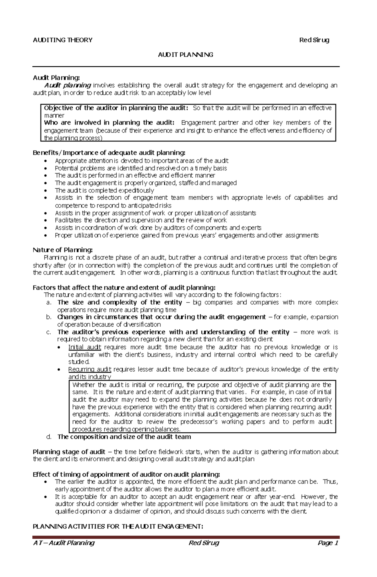 Audit planning - AUDITING THEORY Red Sir ug AUDIT PLA NNING Audit ...