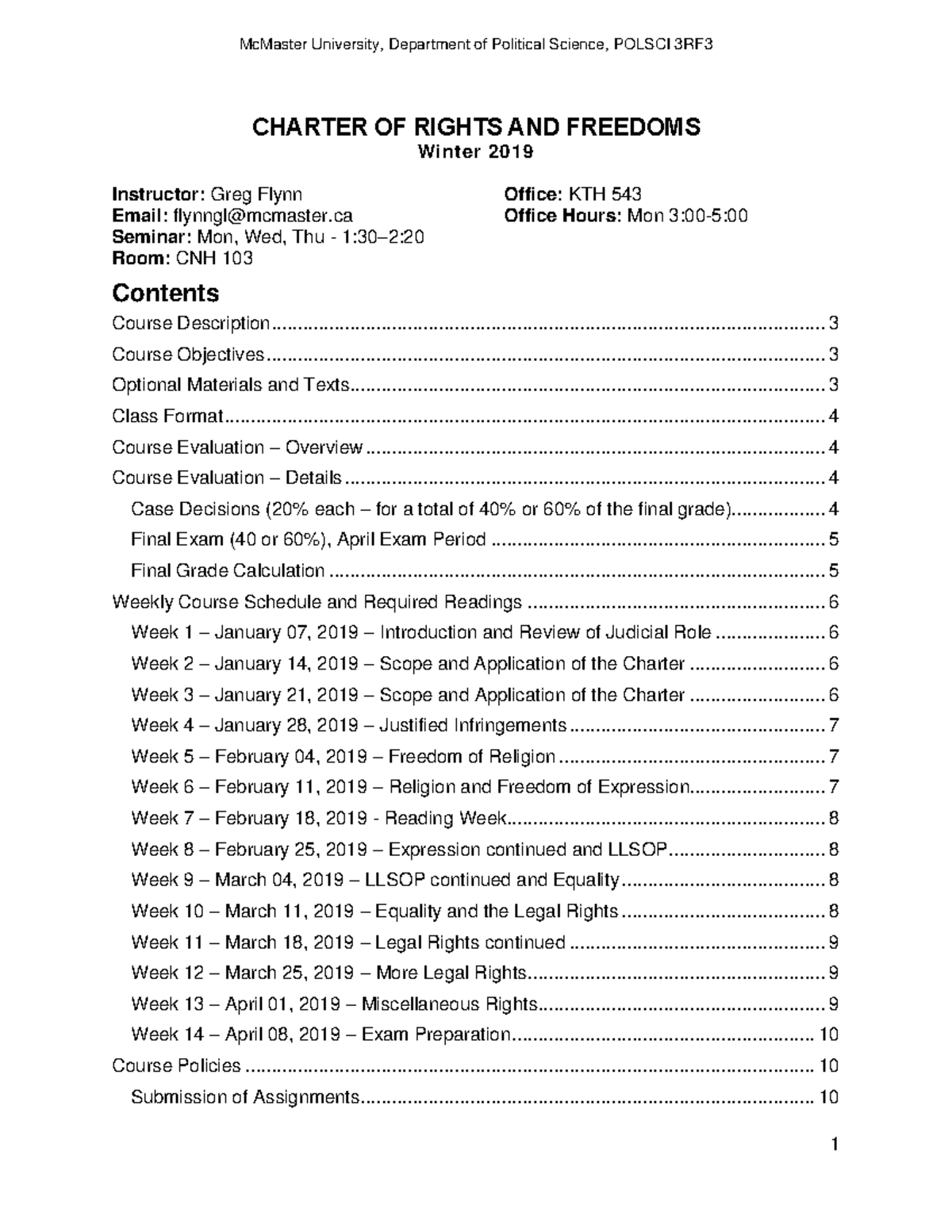 Polsci 3RF3 - Course Outline - CHARTER OF RIGHTS AND FREEDOMS ...