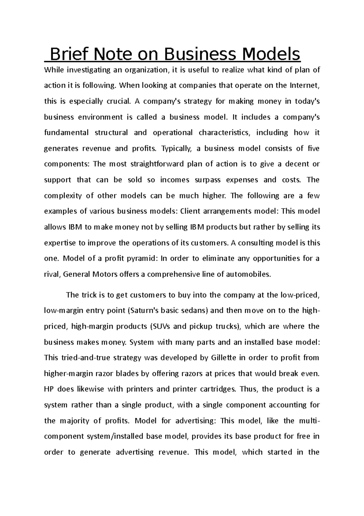 Brief Note On Business Process Brief Note On Business Models While