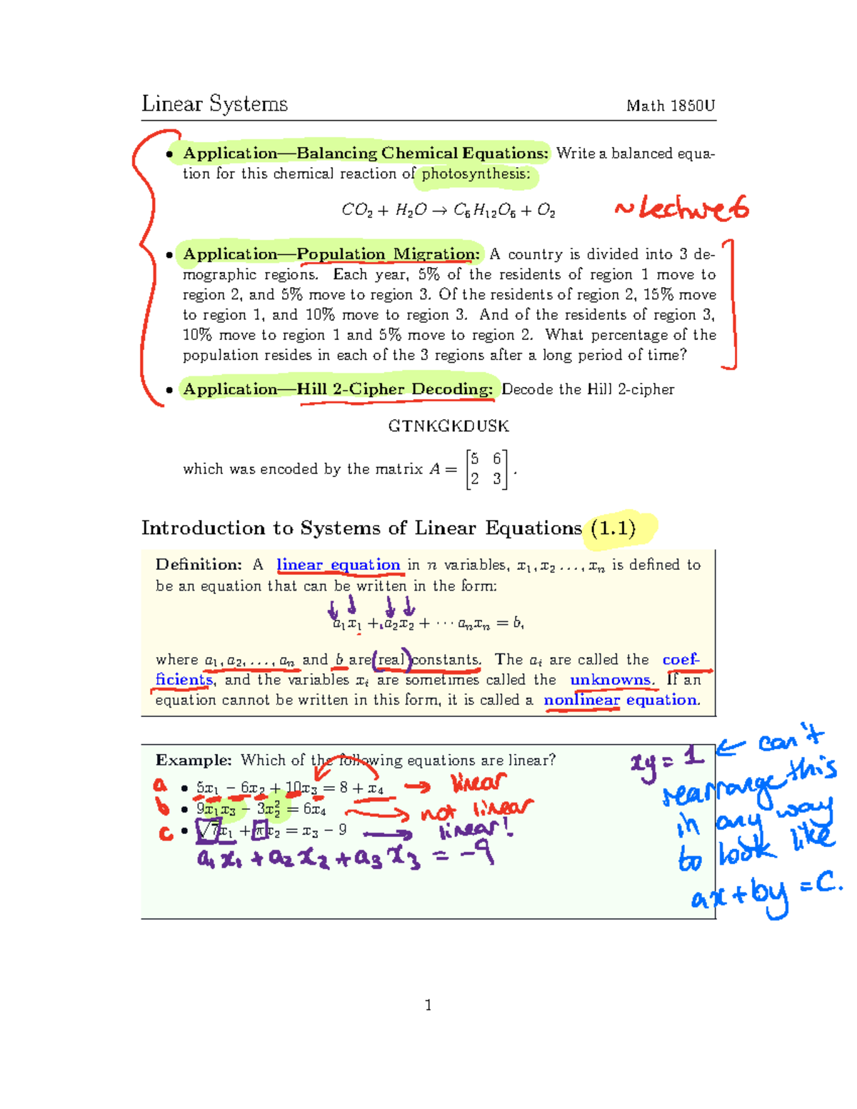 1850 Lecture 1 0 - notes - Linear Systems Math 1850U Application ...
