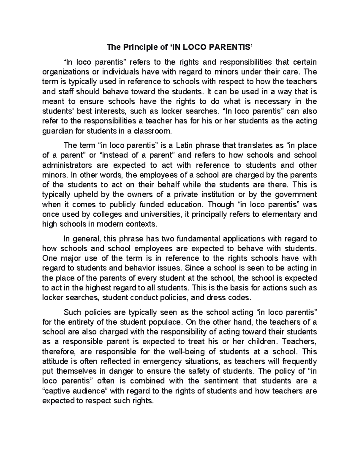 The Principle of IN LOCO Parentis The Principle of ‘IN LOCO PARENTIS’ “In loco parentis