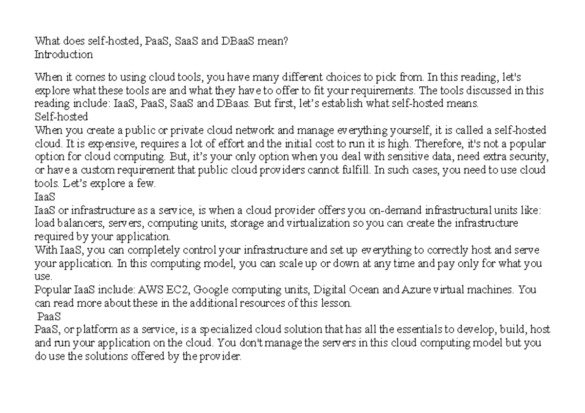 What does selfhosted, Paa S, Saa S and DBaa S mean Coursera What