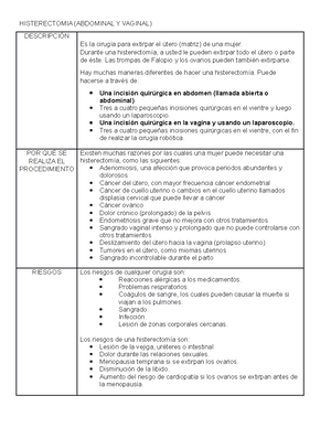 Plan de cuidados histerectomia abdominal