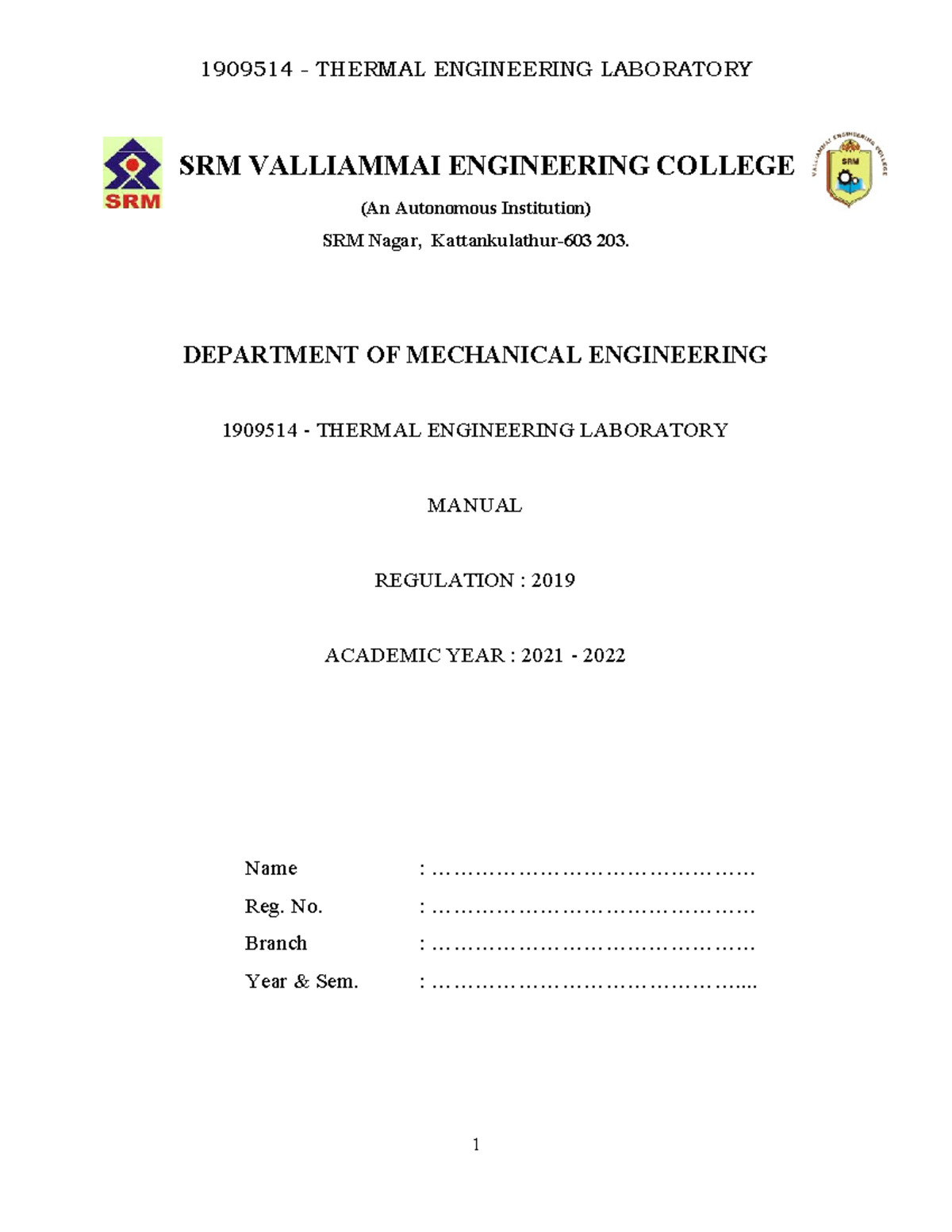 1909514 thermal engineering laboratory - SRM VALLIAMMAI ENGINEERING ...