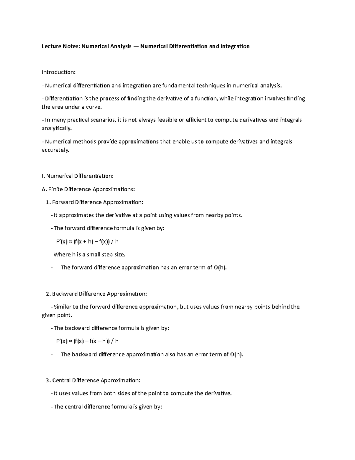 Lecture Notes: Numerical Analysis — Numerical Differentiation and ...
