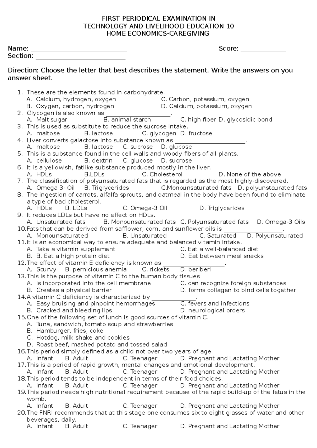 First Periodical Examination IN TLE 10 - FIRST PERIODICAL EXAMINATION ...