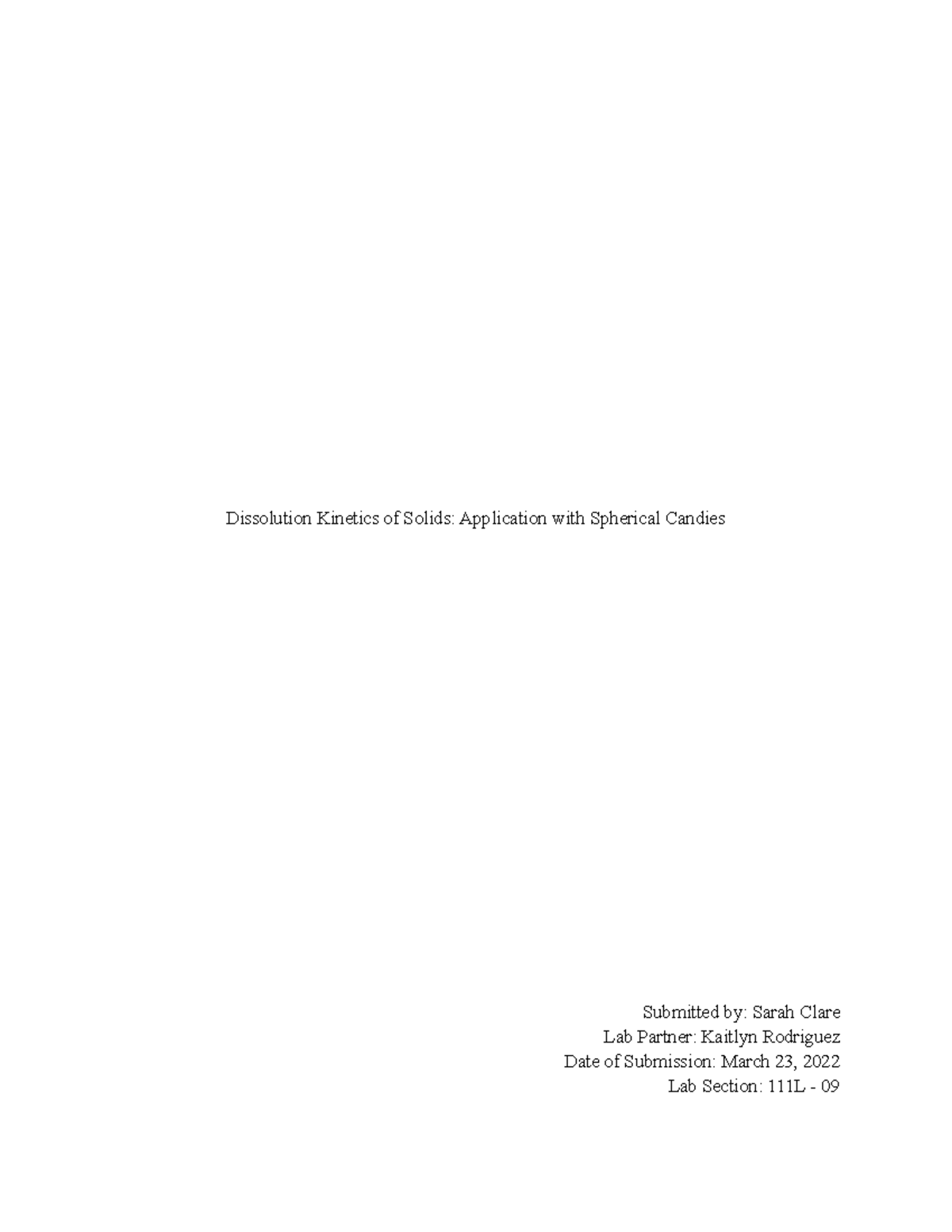 Chem Lab 6 Dissolution of Solids Application with Spherical Candies Dissolution