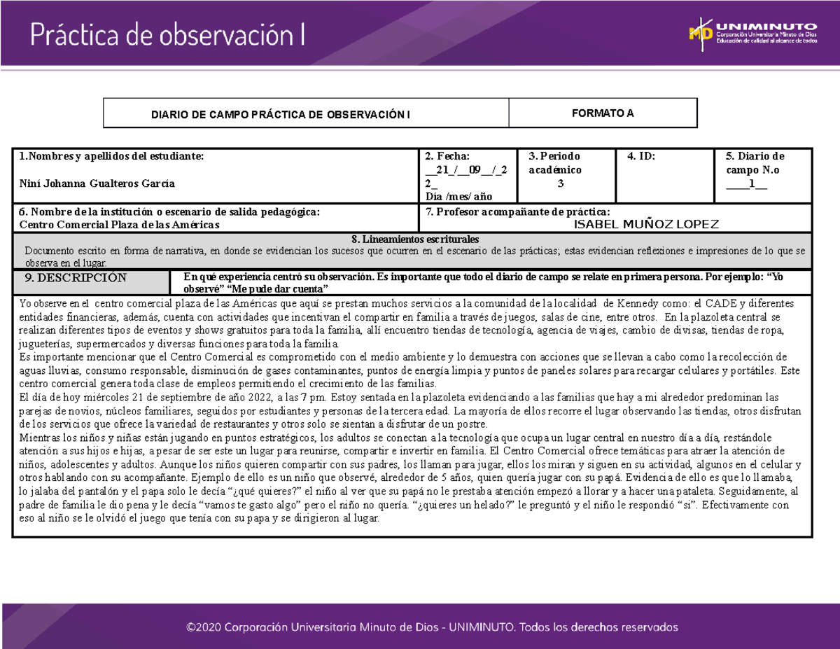 Formato Diario de campo - DIARIO DE CAMPO PRÁCTICA DE OBSERVACIÓN I