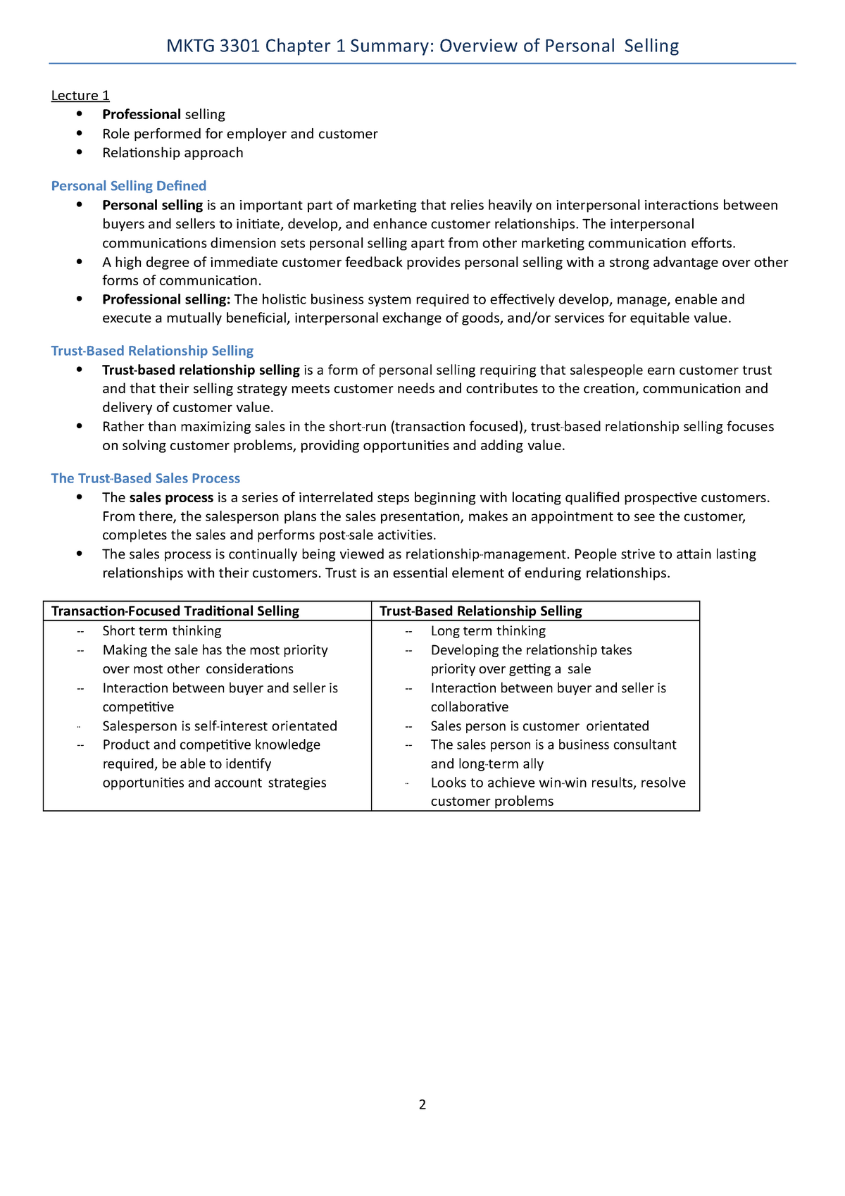 Mktg 3301 Chapter 1 Summary Mktg 3301 Chapter 1 Summary Overview Of Personal Selling Lecture 1938