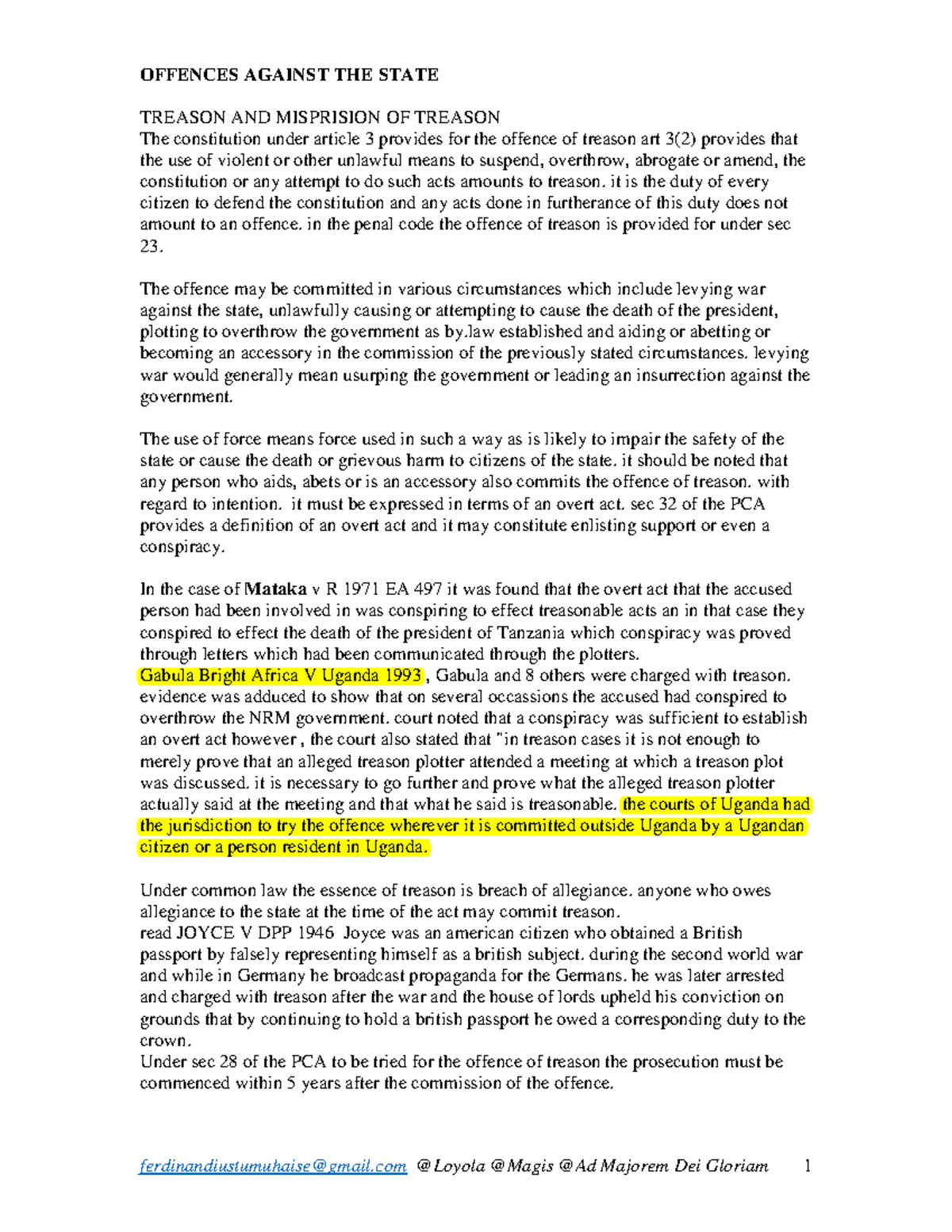 Criminal LAW II notes OFFENCES AGAINST THE STATE TREASON AND