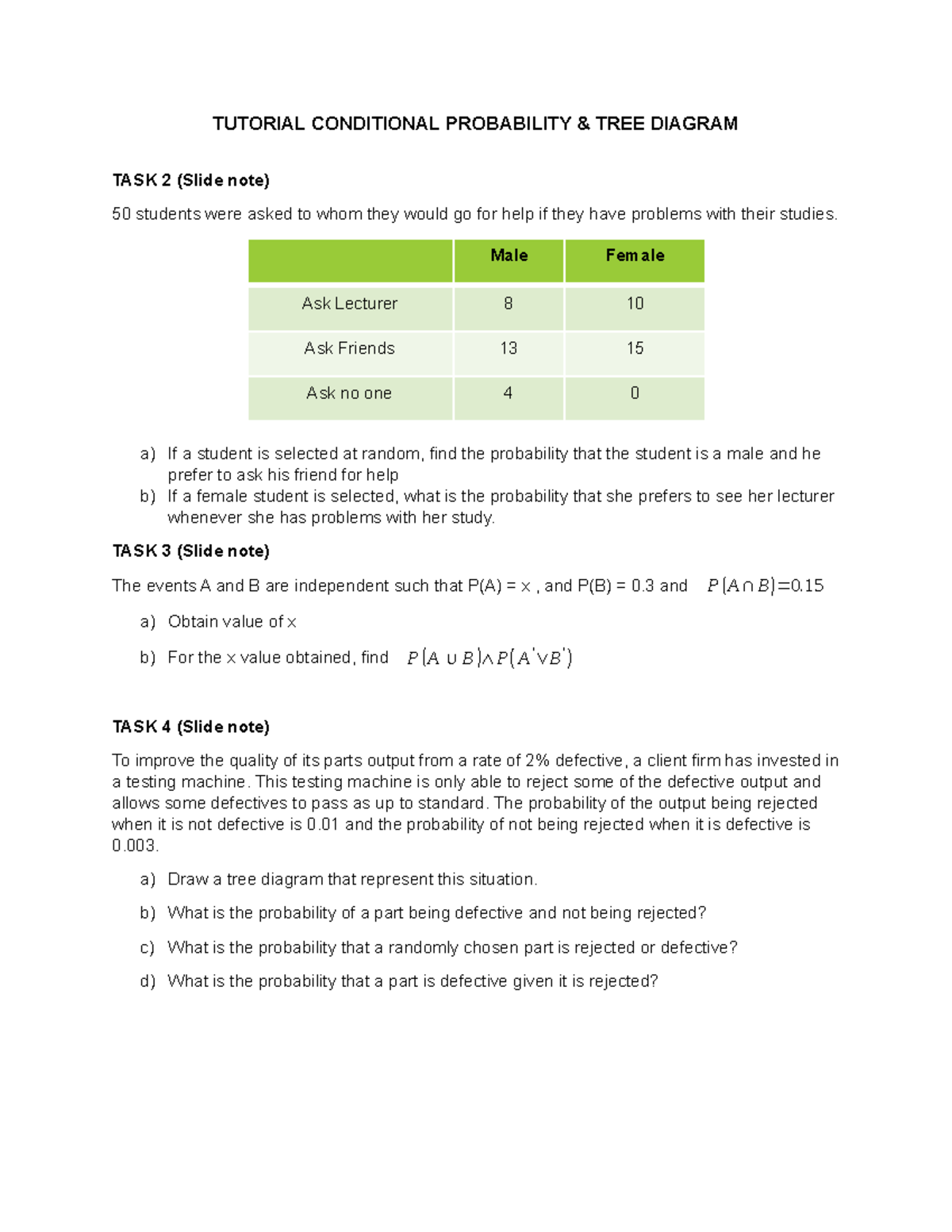 Tutorial Conditional Probability & TREE Diagram - TUTORIAL CONDITIONAL ...