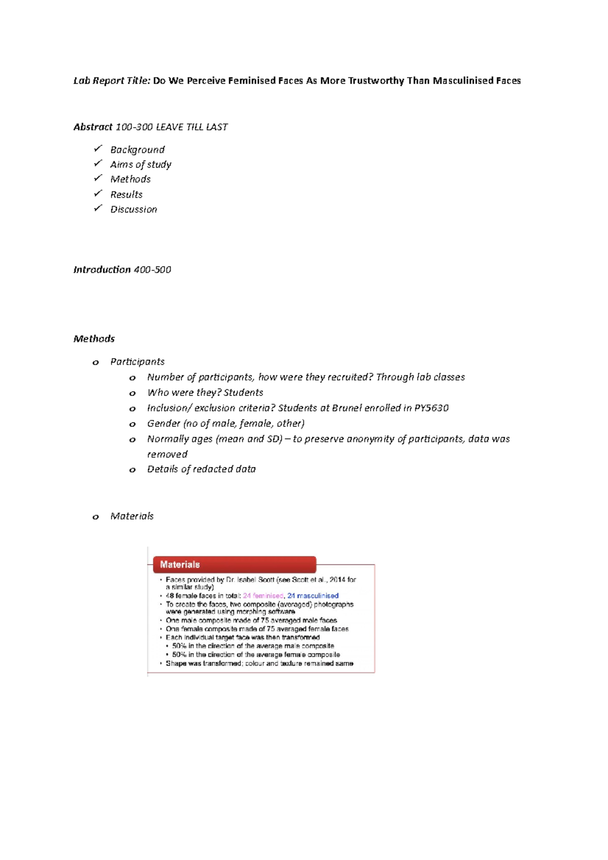 Lab Report Draft - Lab Report Title: Do We Perceive Feminised Faces As ...