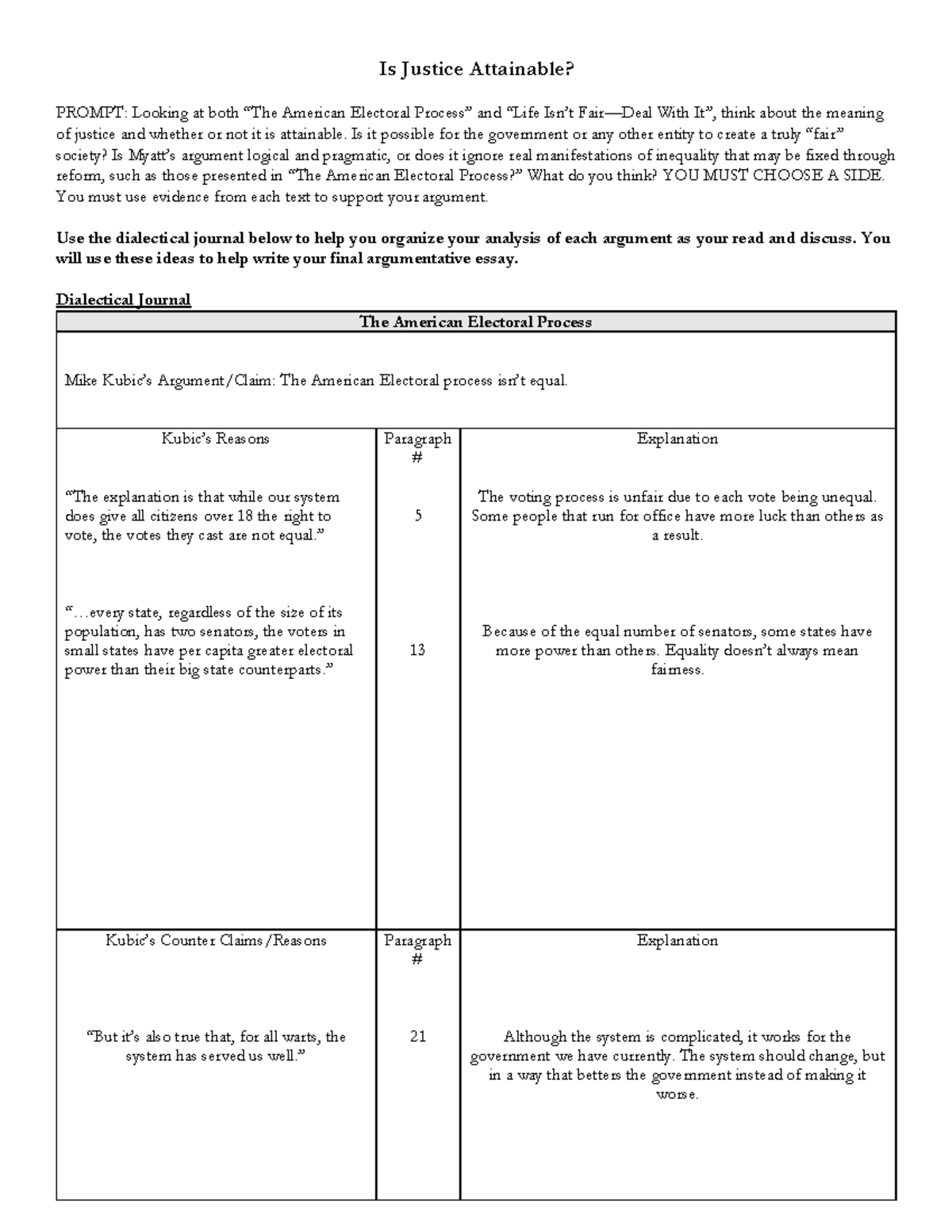 Attainable Justice Dialectical Journal - Is Justice Attainable? Prompt 