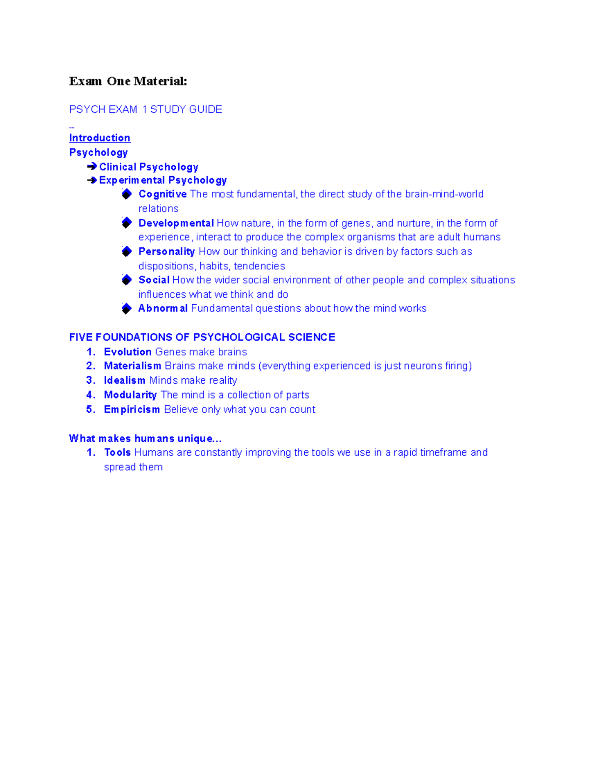 Final Exam Study Guide - Exam One Material: PSYCH EXAM 1 STUDY GUIDE ...