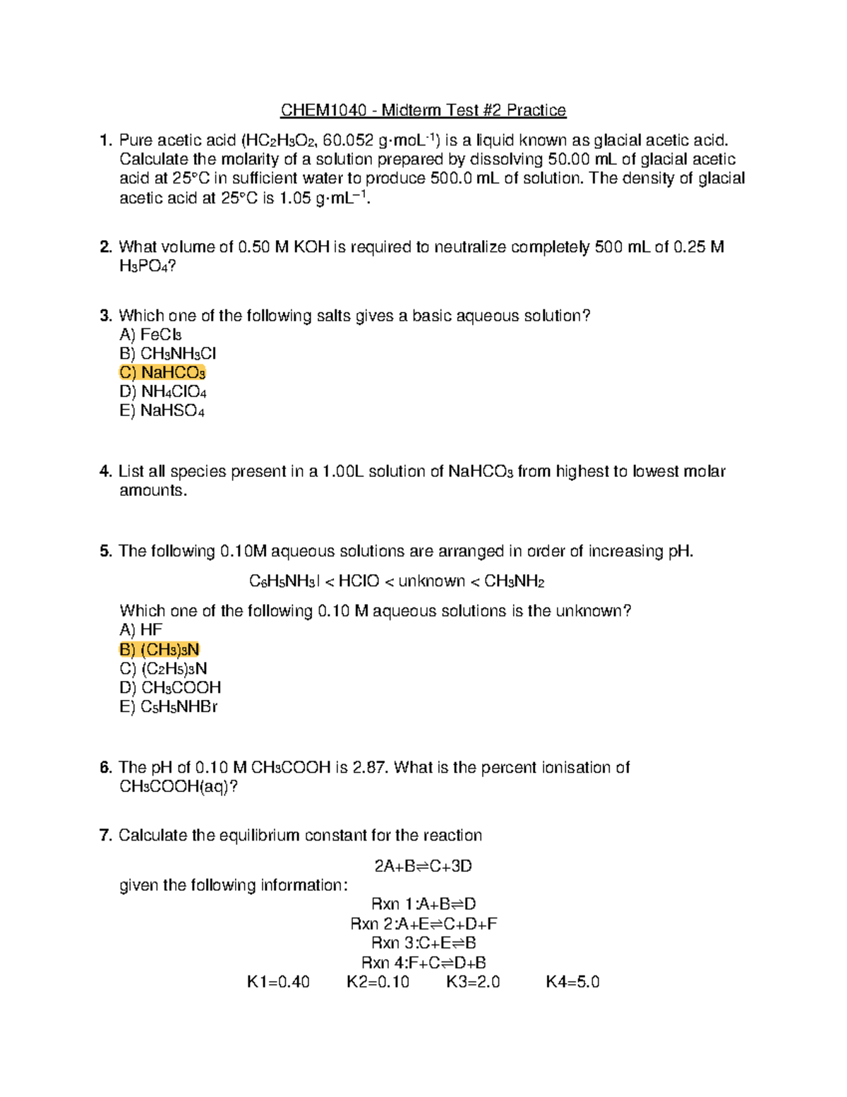 CHEM1040 - Midterm Test #2 Practice - CHEM1040 - Midterm Test #2 ...