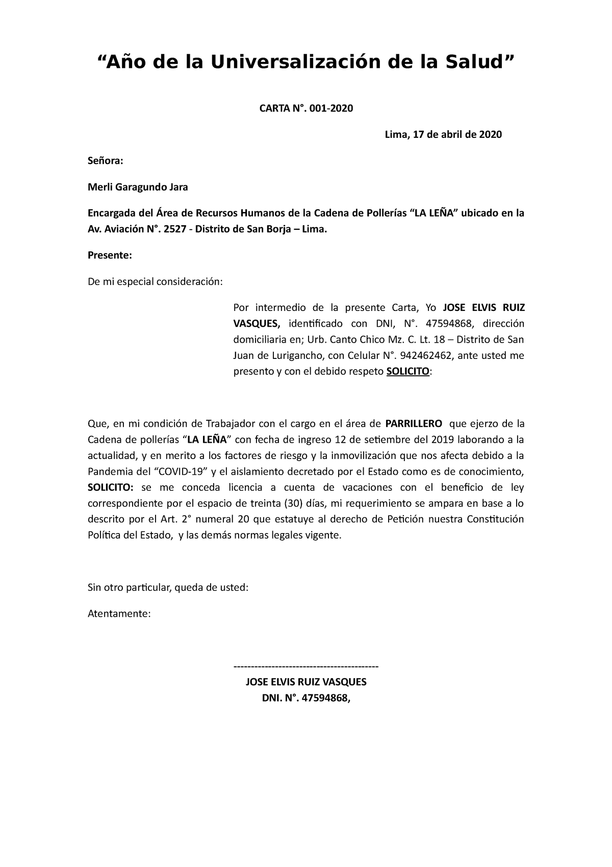 Carta Solicitando Vacaciones Adelantadas - “Año de la Universalización de  la Salud” CARTA N°. 001- - Studocu