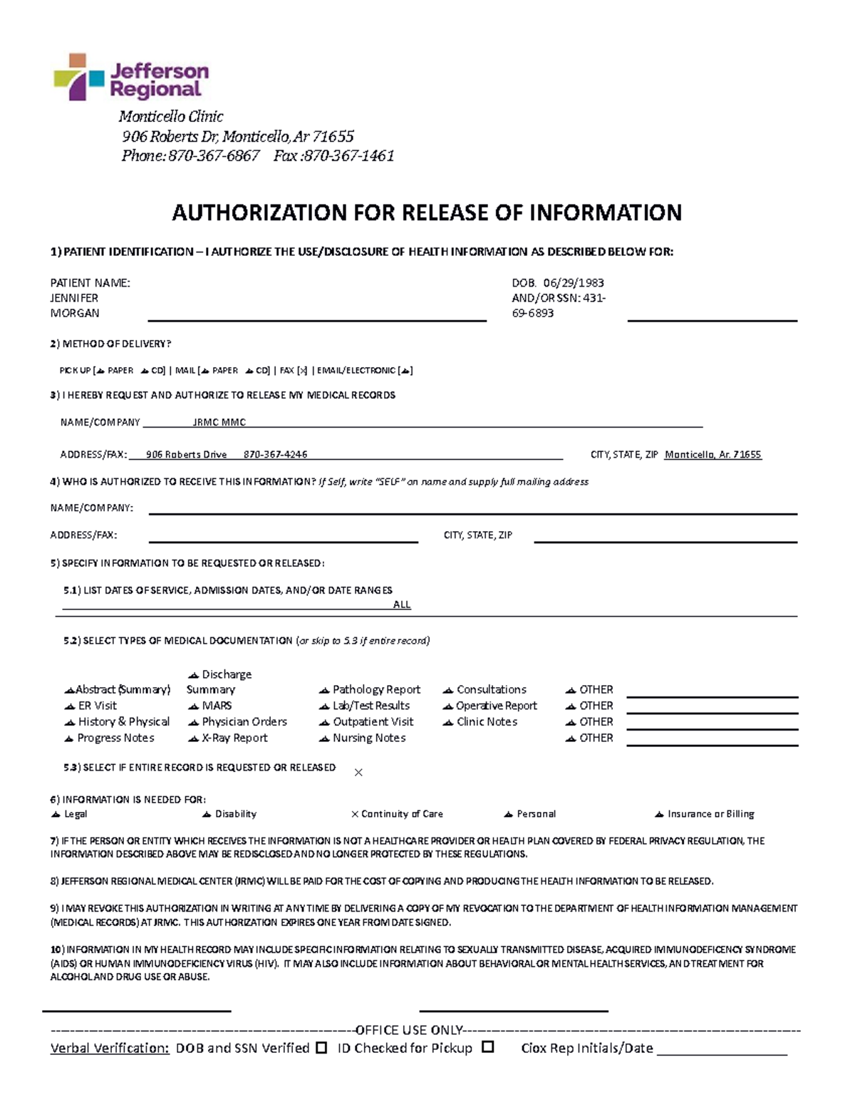 Authorization FOR Release OF Information Monticello Monticello