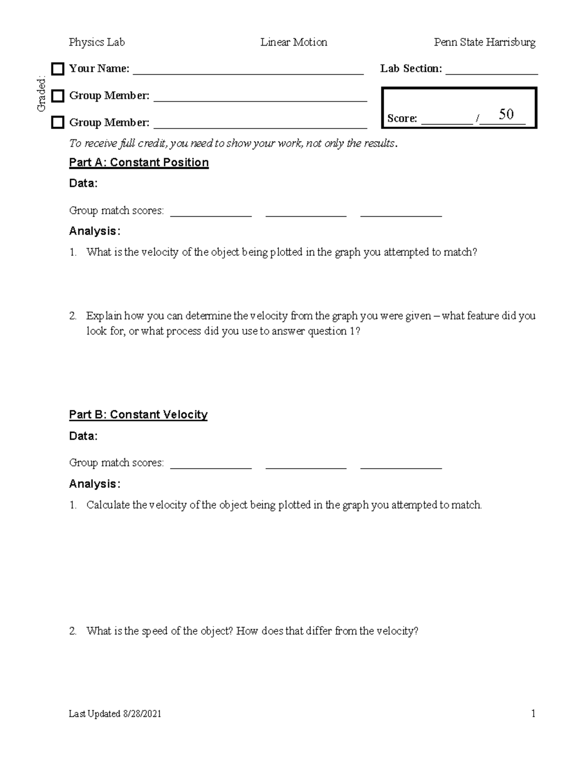 Linear Motion Template - Score: _________ /________ Physics Lab Linear ...