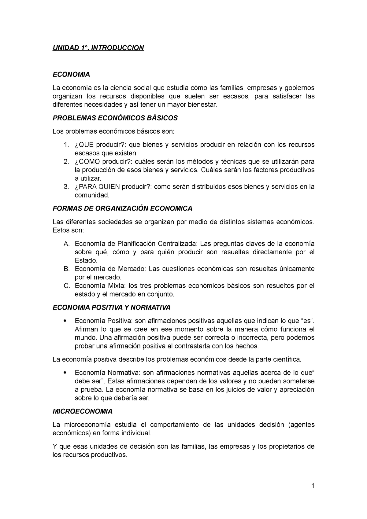 Microeconomia 1 Final - Apuntes - UNIDAD 1°. INTRODUCCION ECONOMIA La ...