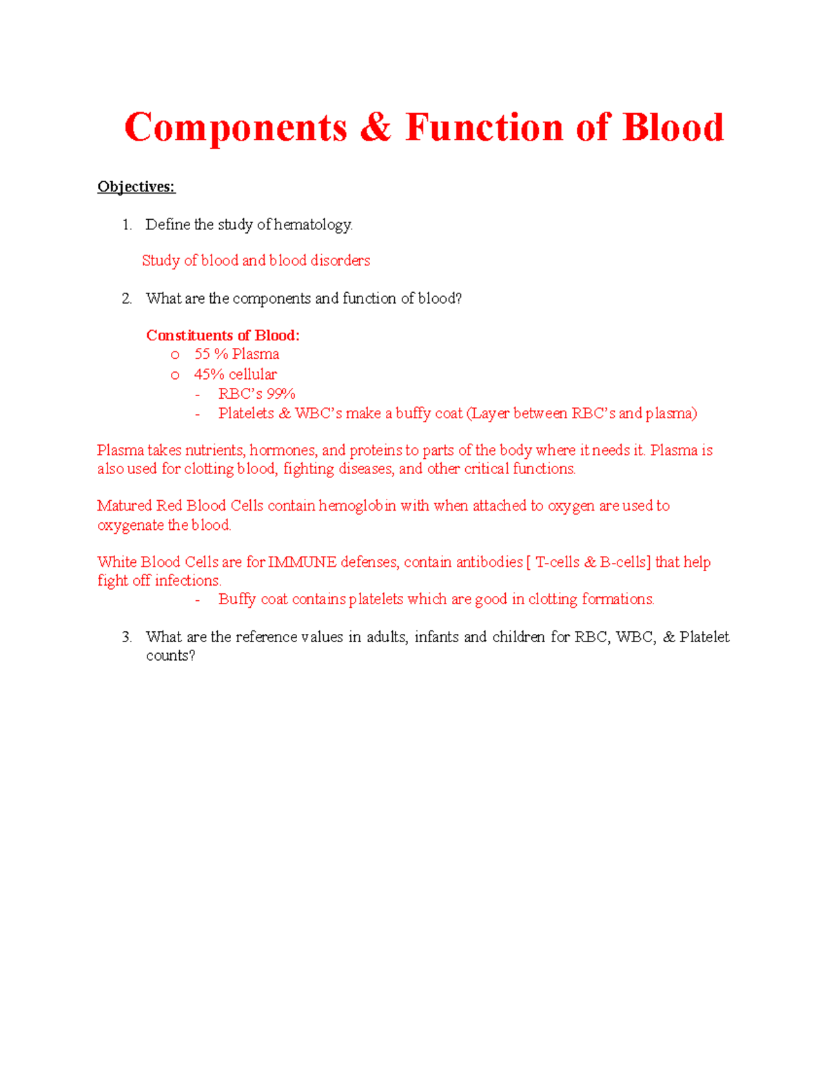 Hematology [Part I] Components of Blood Study Guide - Objectives: 1 ...