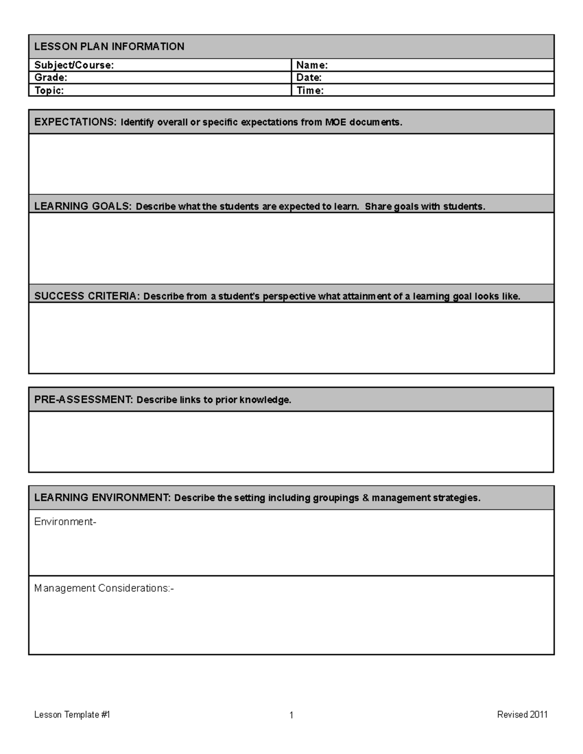 Lesson Template 1 2011 - LESSON PLAN INFORMATION Subject/Course: Grade ...