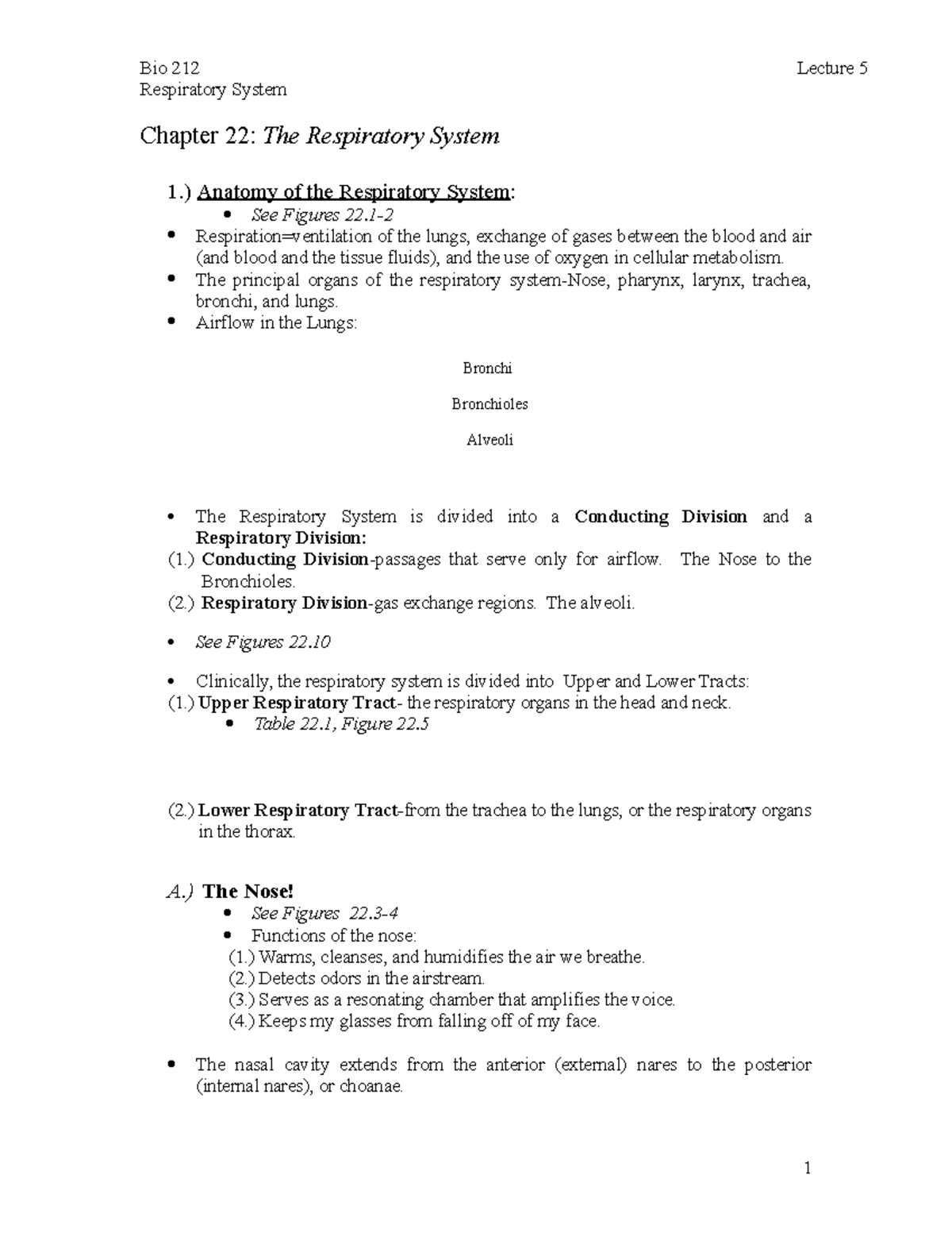 Bio 212 Lecture 5 Respiratory System Chapter 22 - Respiratory System ...