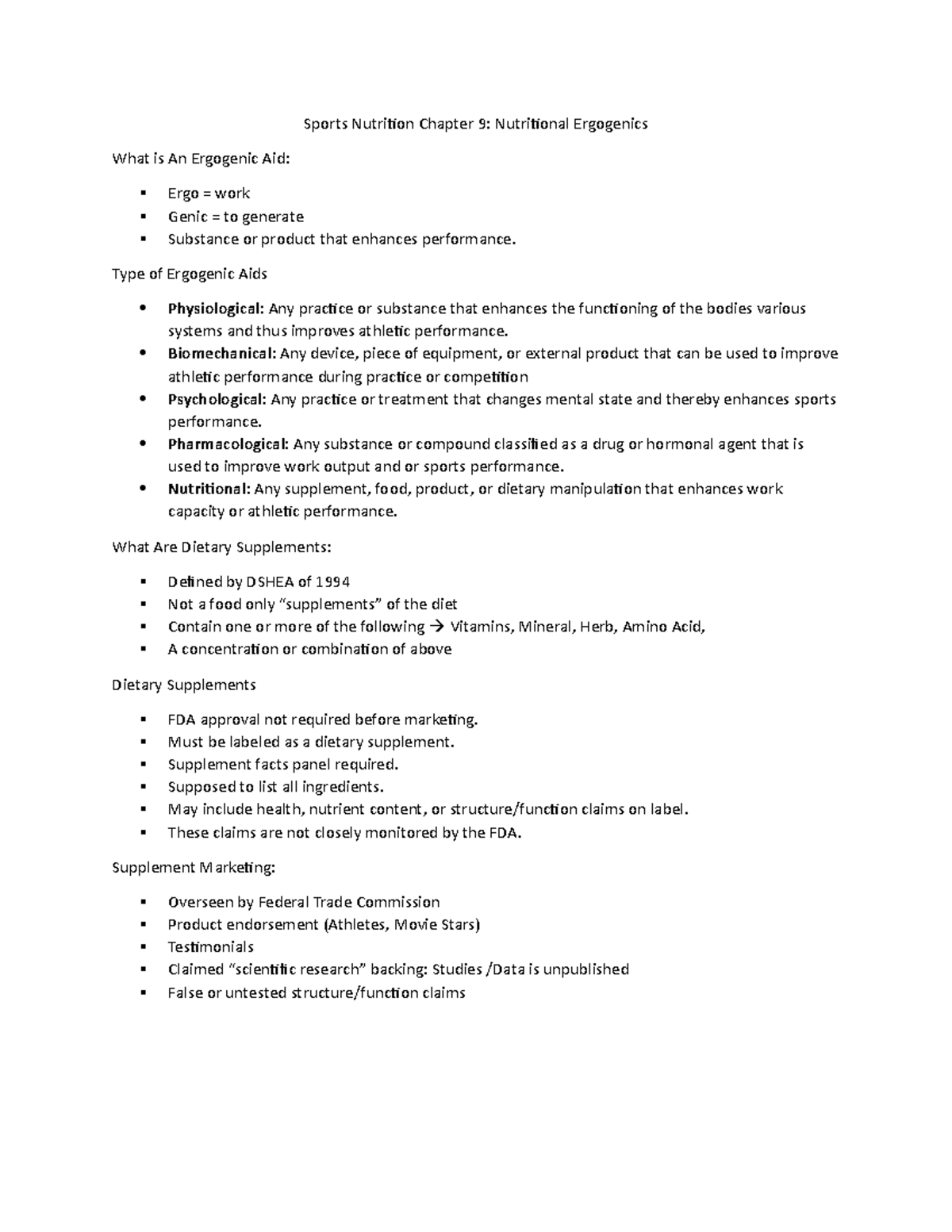 Sports Nutrition Ergogenic Aids Sports Nutrition Chapter 9