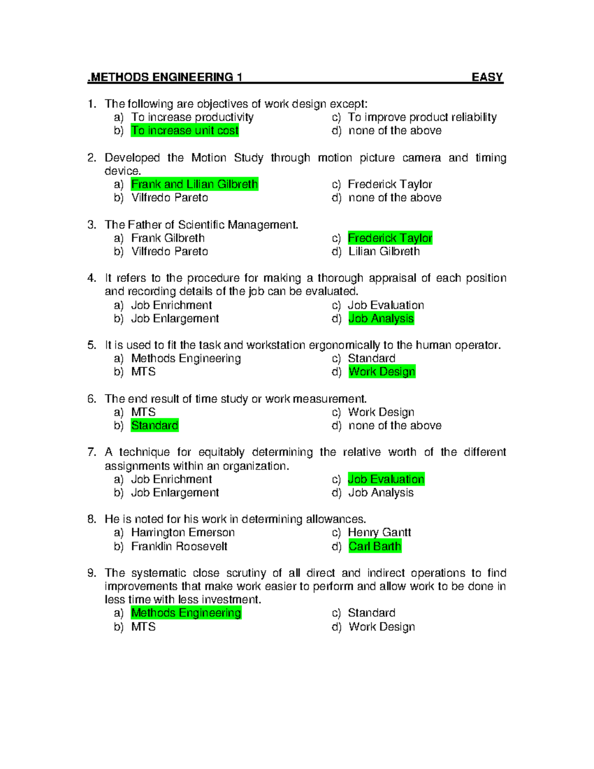 MethodsEngineering Methods Engineering Exit exam reviewer .METHODS ENGINEERING 1 EASY The