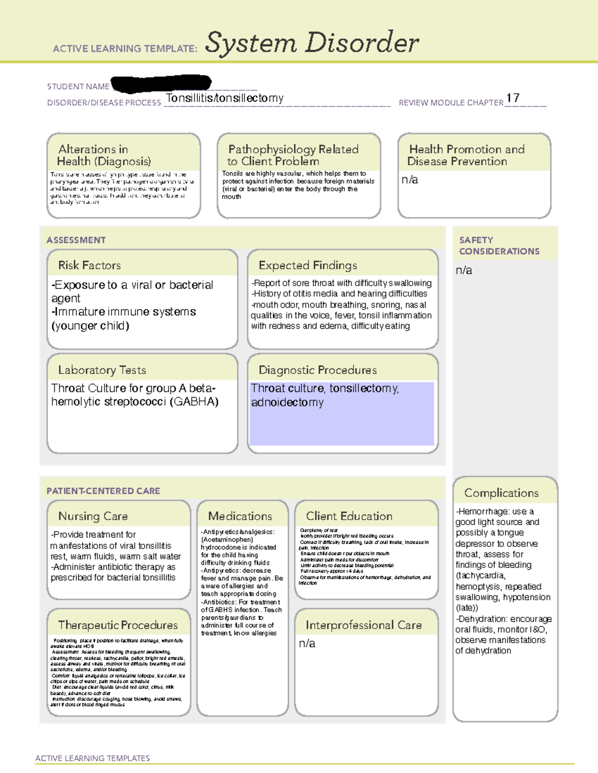 NURS 307 ATI Tonsillitis And Tonsillectomy ACTIVE LEARNING TEMPLATES 