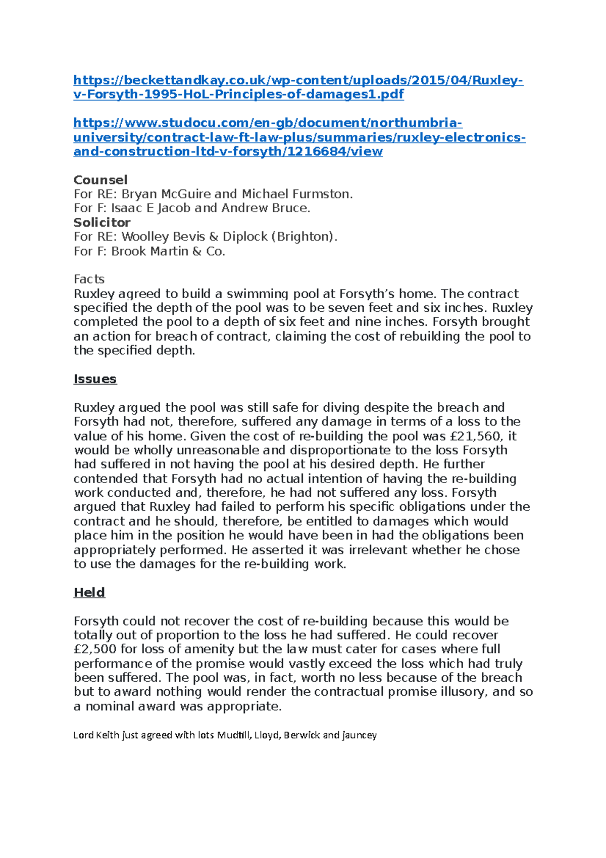 Ruxley v forsyth - case facts and info - beckettandkay.co/wp-content ...