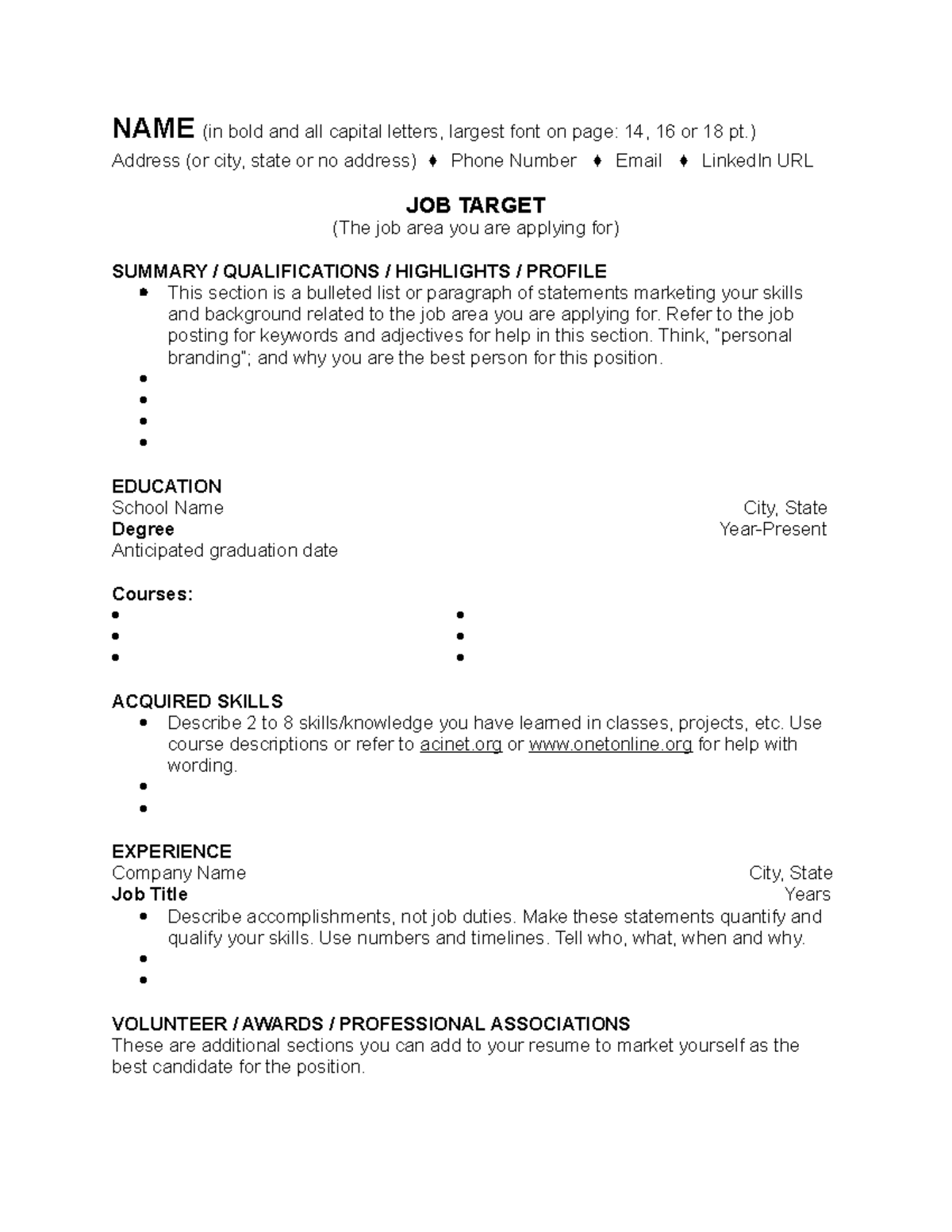 Student sample Resume Guide - NAME (in bold and all capital letters ...