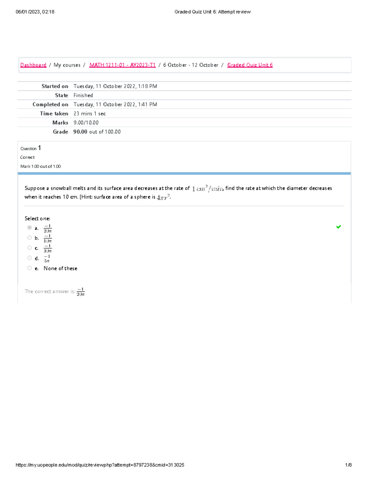 Calculus Graded Quiz Unit 6 Attempt Review - Started On Tuesday, 11 ...