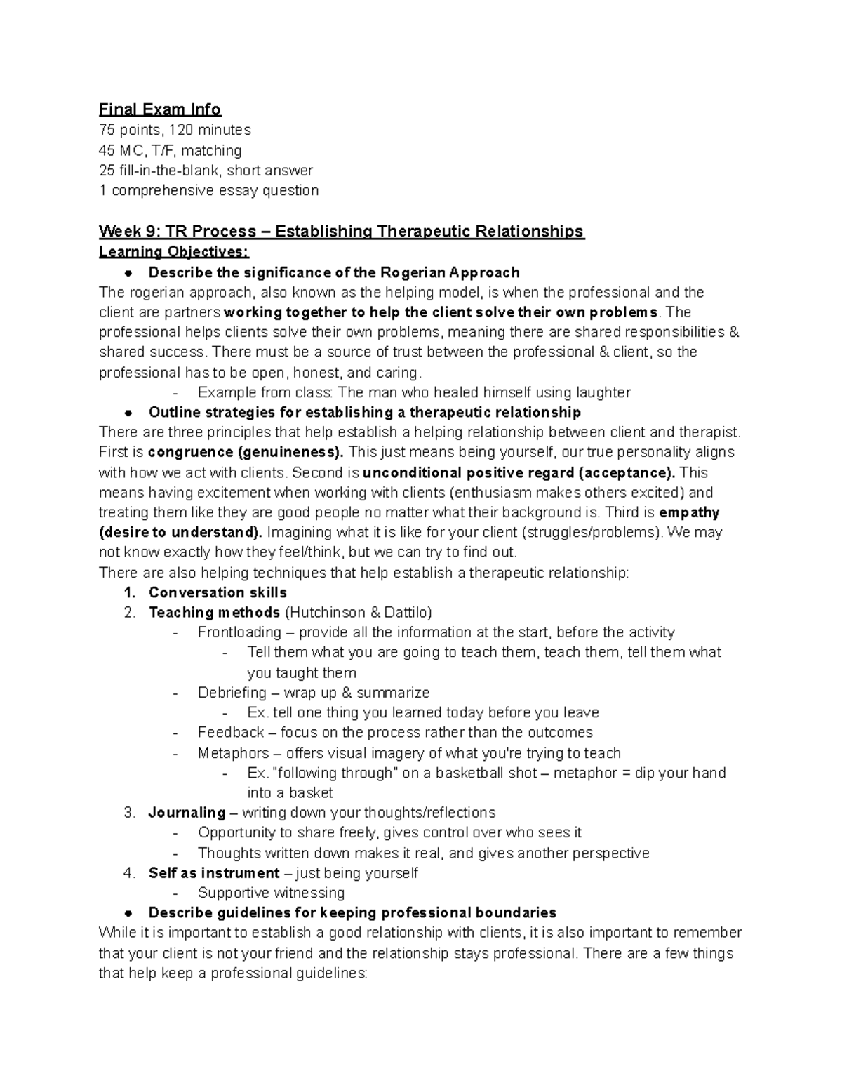 Intro to TR Final Study Guide - Final Exam Info 75 points, 120 minutes