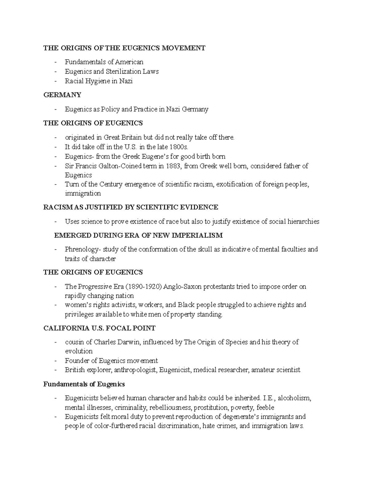 Eugenics Movemen Notes 1 - THE ORIGINS OF THE EUGENICS MOVEMENT ...