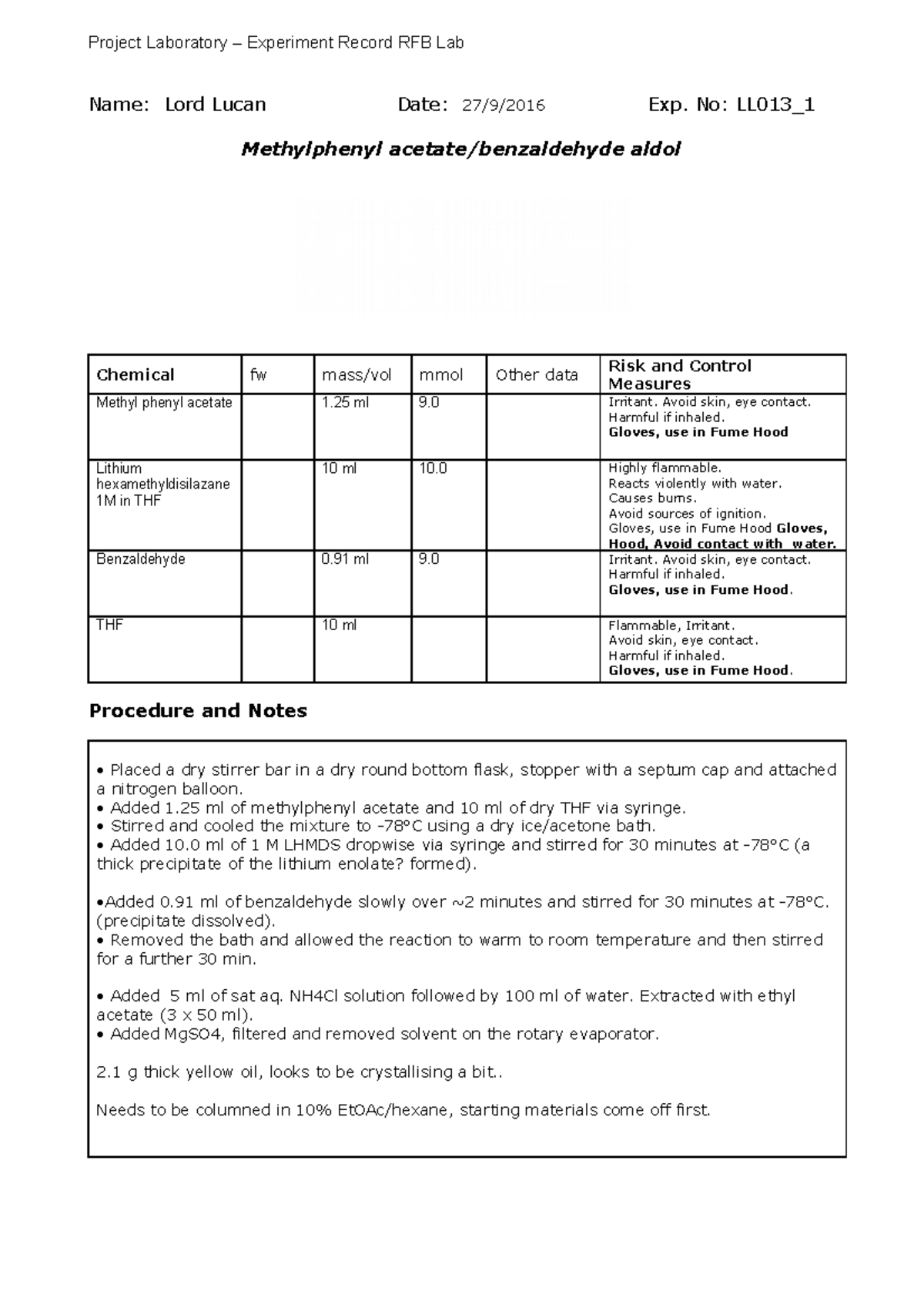 Example - Lab Book Adv Org - Project Laboratory – Experiment Record RFB ...