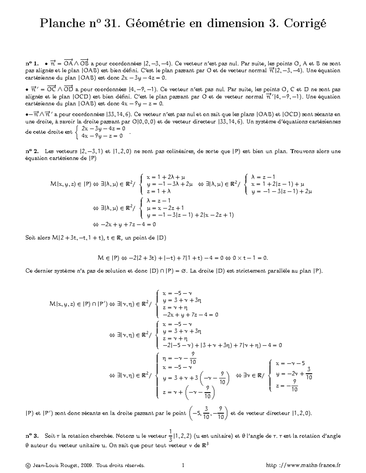 31 Geometrie Dim 3 Corrige - Planche n o 31. Géométrie en dimension 3 ...