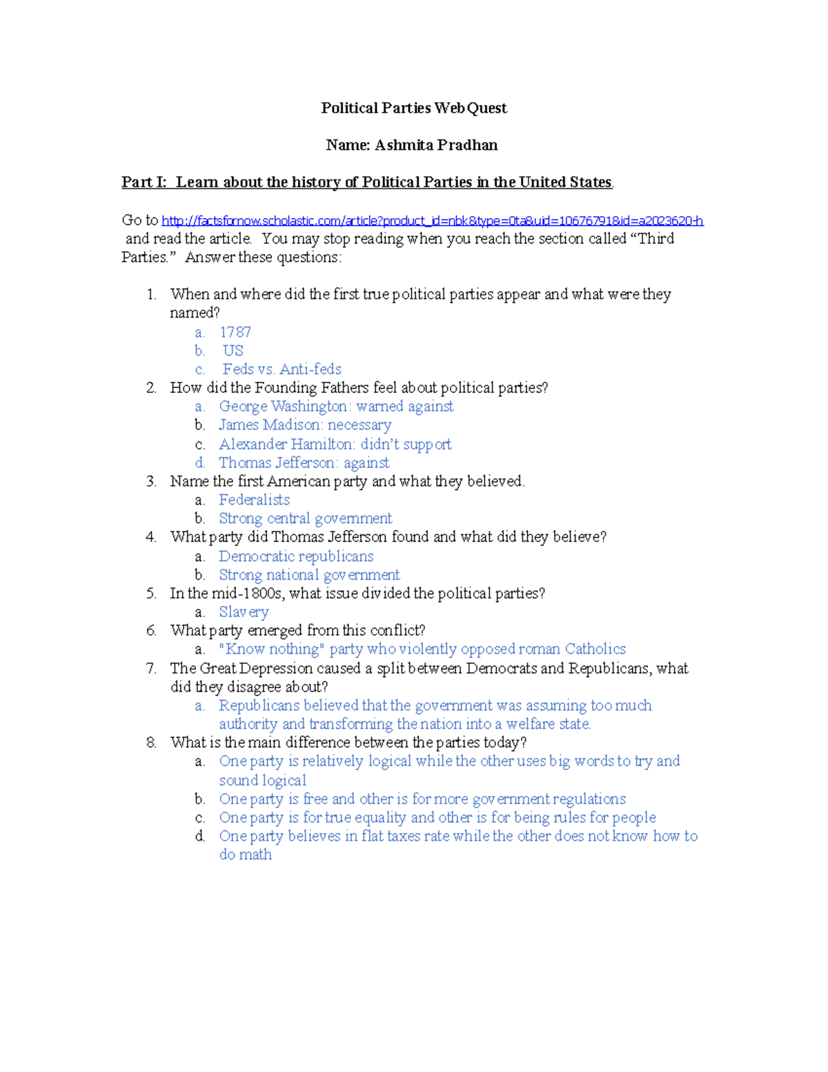 Political parties webquest 1 002 Political Parties Quest Name