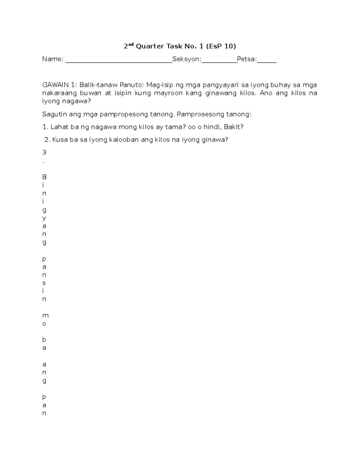 2nd Quarter task no2 - 2 nd Quarter Task No. 1 (EsP 10) Name: - Studocu